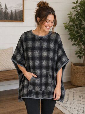 Eddie Bauer Hooded Fleece Poncho Plaid Cape Sweater Women's M/L Gray